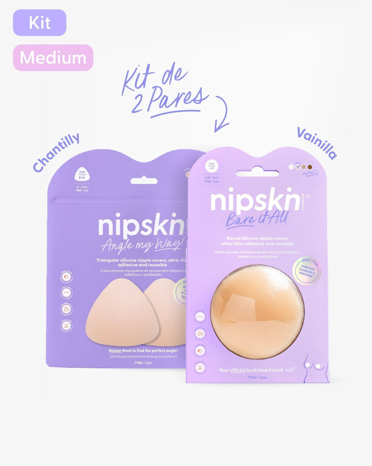 Kit Básico x2 Pezoneras de Silicona - triangulares Angle My Way mas circulares Bare It All - Nipskin México